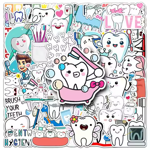 10/30/50pcs Cute Dental Tooth Shaped Stickers for Kids Toys Dentist Store Toothbrush Cartoon Teeth D