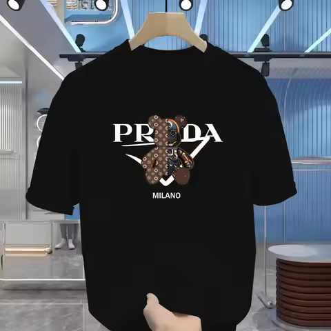Unisex PRADA Bear Graphic T-shirt MILANO Logo Print Casual Crew Neck Short Sleeve Loose Cotton Stree