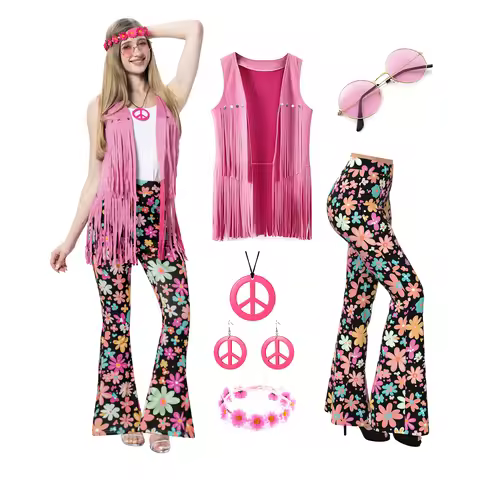 Women’s 60S 70S Outfits Hippie Costume Retro Peace Sign Fringe Vest Flared Pants Set for Halloween P