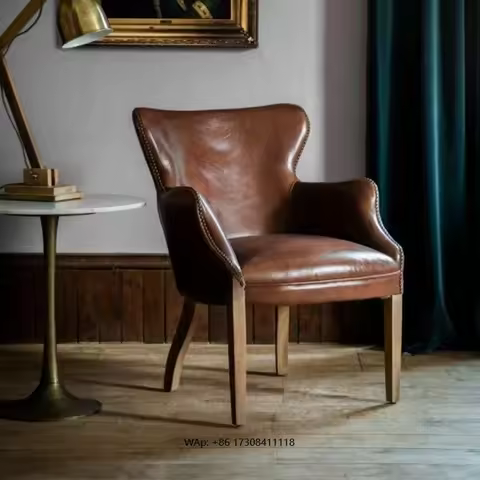Antique French Rustic Dining Room Chair Brown Genuine Leather Wood Accent Chair Mid Century Vintage 