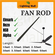 Long Ceiling Fan Rod Downrod Alpha NSB Rezo Elmark 1/1.5/2/3/4 Feet Matt Black Besi Kipas Pangjang