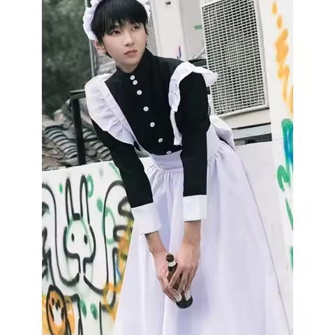 5;e,8\v,5/TK Vintage Maid Cafe Workwear Cosplay Costumes Party Waitress Outfit New Year Erotic Kawai