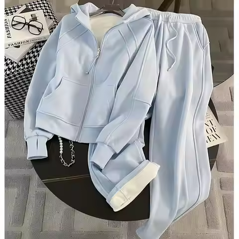 BESTBAFU Autumn Casual Pants Set Women Fashion Hooded Zipper Jacket+Drawstring Wide Leg Pants Solid