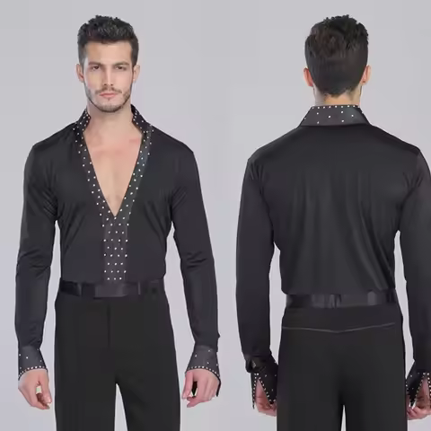 Deep V-neck Hot Drill Modern Dance Shirt Cha-cha Training Dress Ballroom Dance Latin Male Jacket