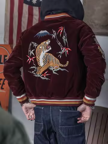 Non Stock Reversible Sukajan Souvenir Jacket Men Tiger Dragon Eagle Embroidery Velvet Acetate Bomber