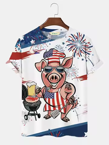 American Flag Funny Bbq Pig Graphic 3d Print T Shirt For Men Women Casual Men Summer Short Sleeve Me