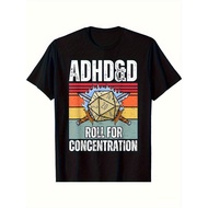 ADHD&D Roll for Concentration Retro Gaming T-Shirt - Cotton Soft Crew Neck Tee with D20 Graphic & Di