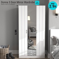 Synergy House Donna 3 Door Wardrobe Groove with Mirror - 5.9ft - Almari Baju Cermin - White  Grey