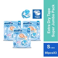 [Bundle of 3] Molfix Extra Dry Tape Super Jumbo Pack - S80 / M60 / L58 / XL50 / XXL40