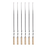 6Pcs 55cm BBQ Skewers Long Handle Shish Kebab Barbecue Grill Stick Wood BBQ Fork Stainless Steel Out