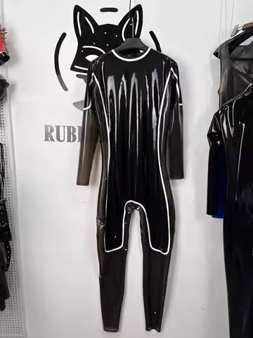 Two‑Tone Rubber Full‑Body Catsuit for Men Versatile Bodysuit with White Piping