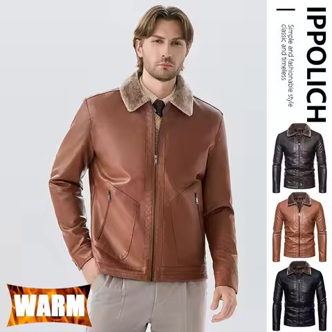 Faux Leather Men Jacket Thickened Plush Lining Warm PU Leather Jacket Business Casual Leather Jacket