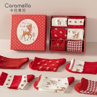 卡拉美拉（Caramella）红袜子女秋冬新年袜礼盒装喜庆结婚棉袜中筒袜保暖潮袜送礼本命年 一鹿有你新年中筒女袜礼盒 6双装 均码