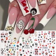 Pool Ball Stickers For Nails Art, 3D Embossed NO.8 Black Balls Nail Stickers Dice Cards Flame Cherry