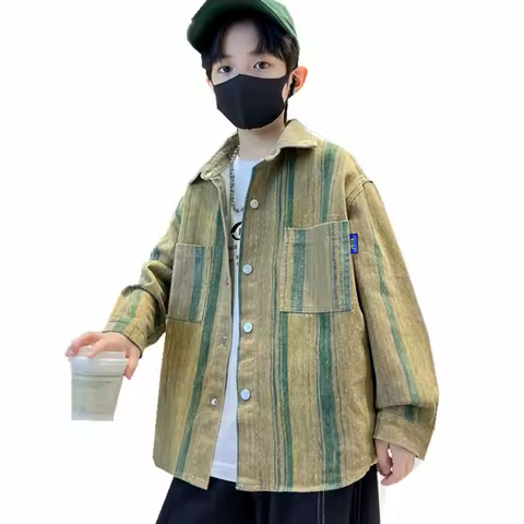 Korean Kids Vertical Striped Shirt For Boy Fashion Long Sleeve Blouse Outfit Teenager Child Cool Str