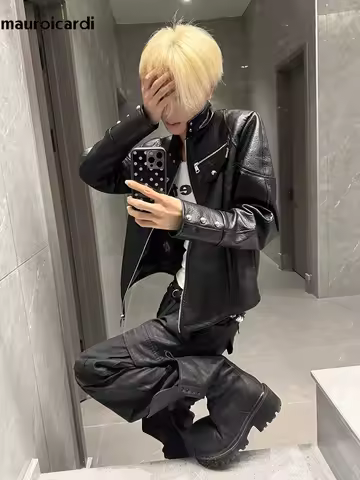 Mauroicardi Spring Autumn Cool Handsome Short Black Hard Pu Leather Jacket Men Zipper Luxury Designe