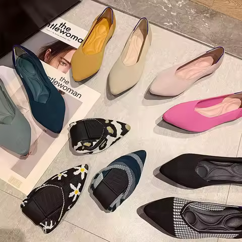 Princess Shoe Single Ladies Slip-On Knitted Flat Bottom Pointed Toe Large Size Egg Roll Shoe Breatha