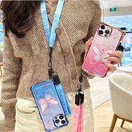 Dance Butterfly Phone Case with Rose 2-in-1 Crossbody Lanyard Wristband For i Phone 16 Pro Max For i