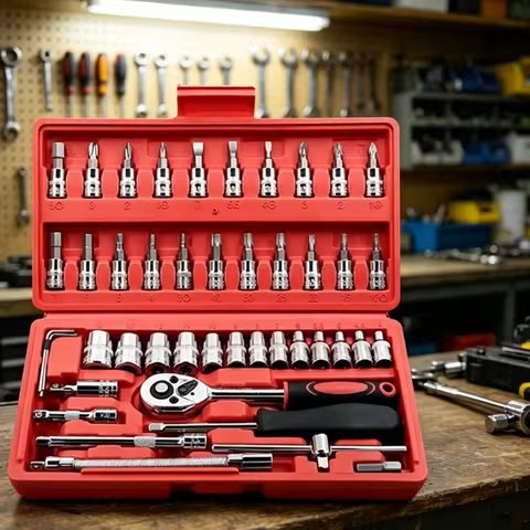 1 Set of Red 46-Piece Tool Set, Automotive Mechanical Repair Tool Combination Set, 46-Piece Chrome V