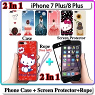 2 IN 1 Case iPhone 7 Plus 8 Plus Case with Tempered Glass Curved Ceramic Screen Protector For Girl and kitty