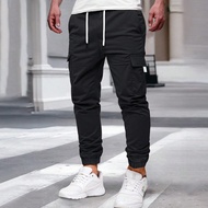 Men's Elasticated Waist Drawstring Cargo Pockets Relaxed Fit Ankle Cuffed Pants Men Pants Casual Men