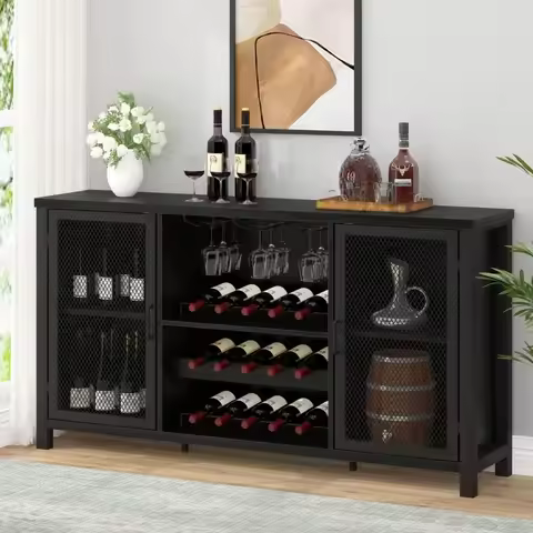 Black Coffee Bar Cabinet, Liquor Cabinet with Wine Rack Storage, Industrial Kitchen Buffet Cabinet f