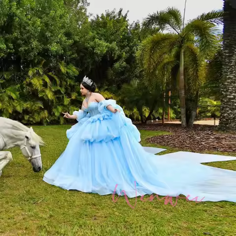 Sophie Store Customized Gorgeous Puffy Tulle Blue Quinceanera Dress Ball Gown Strapless Sweet 16 Ves