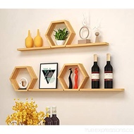 Bộ 3 kệ gỗ treo tường hình lục giác + 3thanh ngang kết hợp gỗ tự nhiên