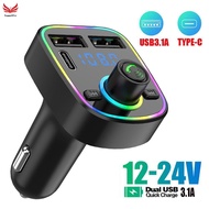 Bluetooth FM Transmitter for Cars - PD Type-C Fast Charger Dual USB 3.1A with LED Light