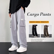 Cargo pants Men Straight cut multi pockets Plus size Loose Pants Korean Wide leg Stretchable Long pants