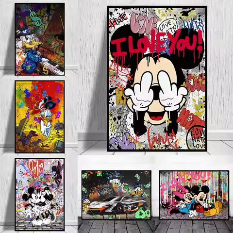 Disney Banksy Graffiti Pop Art Mickey Mouse And Donald Duck Street Art Poster On Canvas Prints Paint