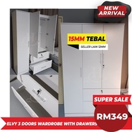 SMASIS ELVY 3 Doors Wardrobe with Drawers and Shelf / White Color / Almari Baju / Almari Pakaian Bud