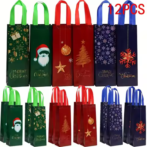 12pcs Festive Christmas Wine Bottle Gift Bags with Handles - 35.0cm x 11.99cm x 8.99cm Durable Polye