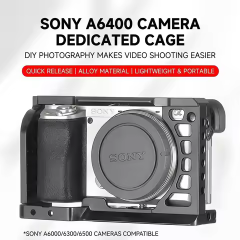Aluminum Camera Cage w Wood Handle for Sony A6400 / A6300 / A6100 / A6000 Metal Camera Cage Rig Stab