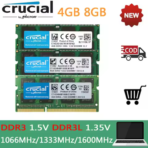 DDR3 Memory Crucial DDR3L RAM 4GB 8GB 16GB Laptop 1333mhz 1600Mhz PC3L 10600S 12800S 204Pin 1.35V SO