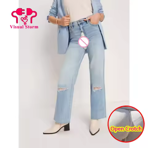 Woman Open Crotch Ripped Jeans Shorts Pants Hidden Zippers Blue Straight Ankle-Length Pants Crotchle