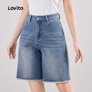 Lovito Casual Denim Shorts Raw Hem Summer/Spring Denim Shorts for Women L113MD315 Lovito Poooti Deni