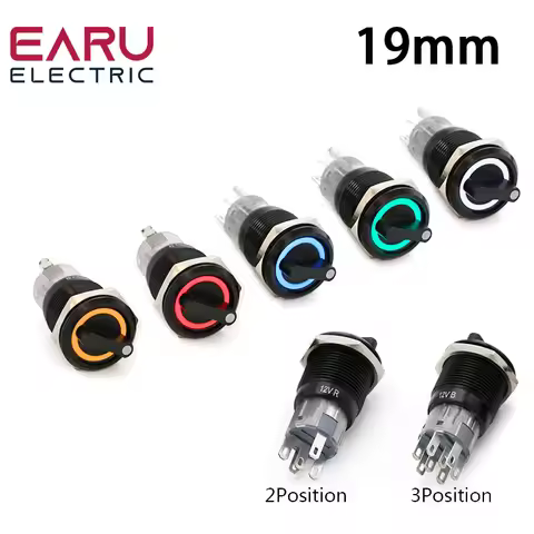 19mm Black Self-return Momentary Self-locking Fixation Waterproof DPDT Illuminated Metal Selector Ro