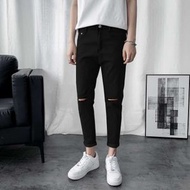 黑色破洞牛仔褲男裝 修身小腳褲 韓版潮流彈力九分褲- 黑色 27