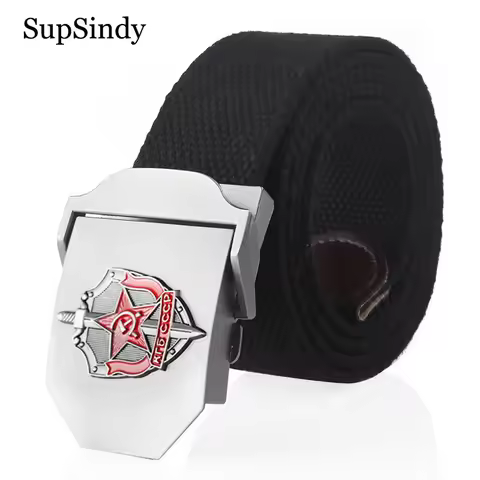 SupSindy Man Canvas Belt 3D Soviet Glory KGB Metal Buckle Jeans Belts for Men CCCP Army Military Tac