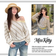 Miss Kitty Striped Off-Shoulder Top Long-Sleeved Crop Korean Style Women's Fashion Comfortable To We