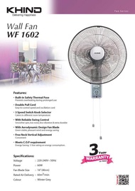 Khind Wall Fan 1602SE 16 Inch Blade (Grey)