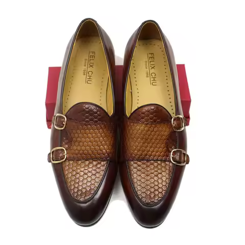 FELIX CHU Autumn Stylish Men Loafers Black Brown Genuine Leather Print Hand Painted Monk Strap Men's