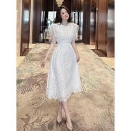 Vietnamese Designer2024New round Neck High Waist Slimming White Lace Temperament Dress Bridesmaid Dress