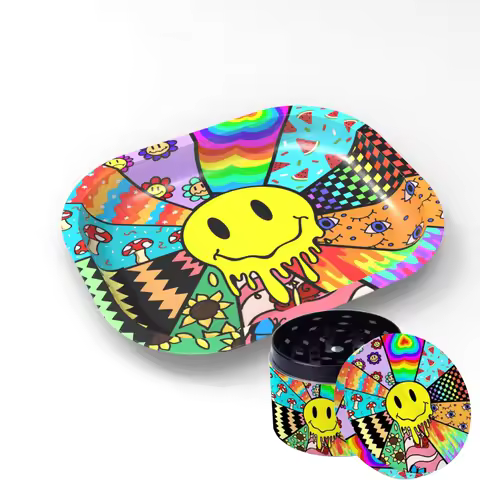 2 Pack Cute Smiley Face Herb Grinder Rolling Tray Combo