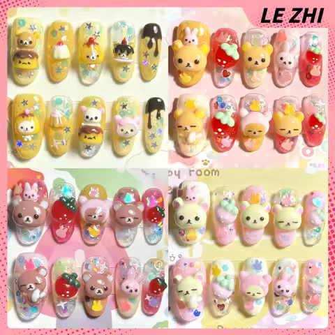 Sweet Lovely Cartoon Rilakkuma Rabbit Chicken Handmade Long Ellipse Press On Nails Shining Stars Seq