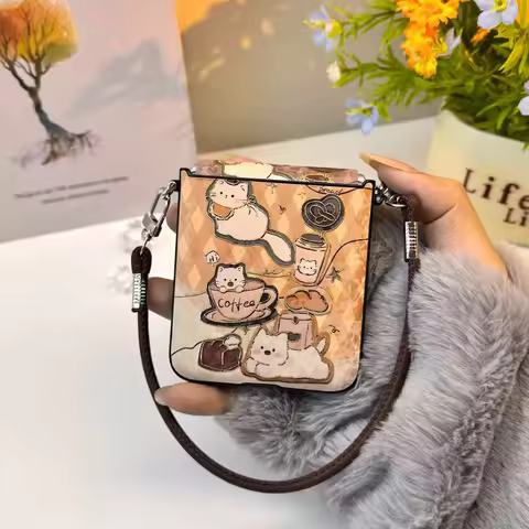 Funny Coffee Kitten Pattern Case with Leather Strap for Samsung Galaxy Z Flip8 ZFlip7 Flip6 FLIP 5 X
