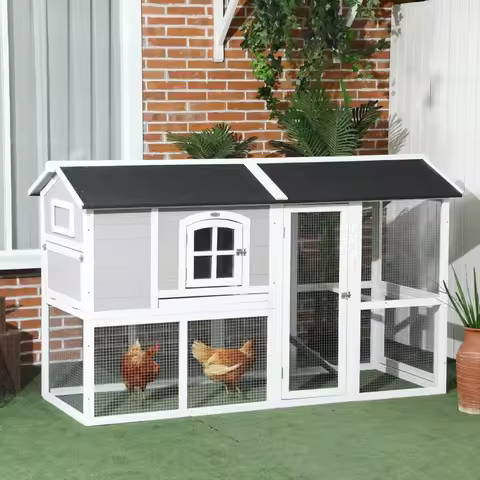 Light Gray 77.5" x 32.5" x 46" Wooden Chicken Coop with Run, Hen House with Nesting Box, Removable T