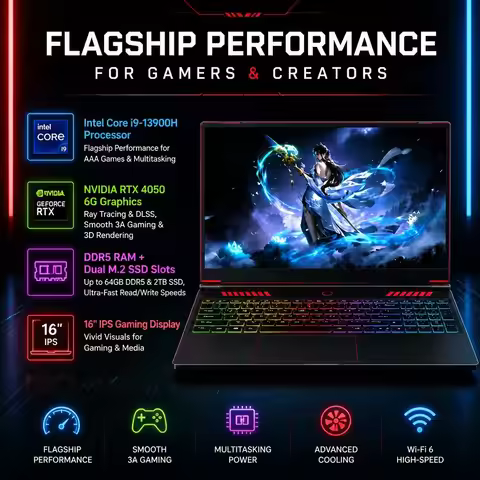 2025 New Oushedi 16 Inch Gaming Laptop Intel Core i9-13900H NVIDIA RTX 4050 6G IPS Display Windows 1