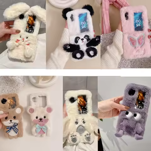 Cute Cartoon Fluffy Plush Case For OPPO Find N3Flip Case Xiaomi Mix Flip Cover Huawei Purax Pocket V